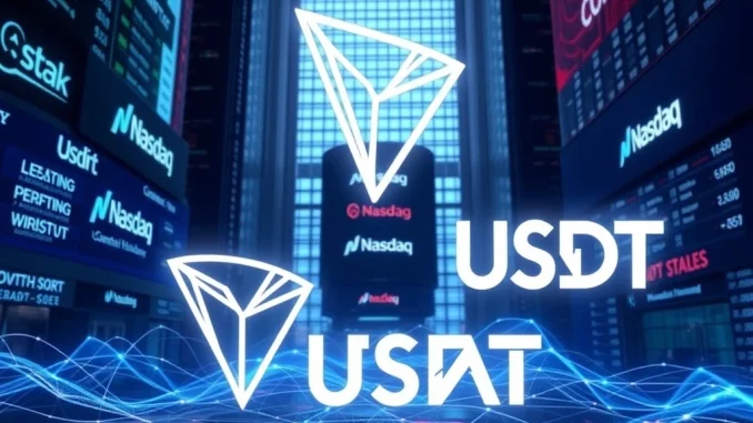 Tron and USDT logos with Nasdaq backdrop symbolizing crypto market growth