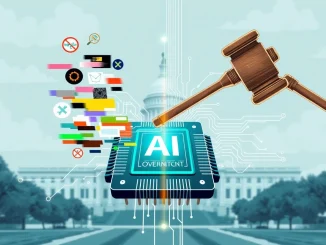 A visual metaphor for the Trump AI Order's impact on AI neutrality, showing a policy decision affecting diverse AI models in federal contracts.