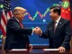 Trump and Chinese official signing trade deal with cryptocurrency charts in background