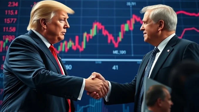 Trump and Mexican president shaking hands amid trade uncertainty and cryptocurrency market fluctuations