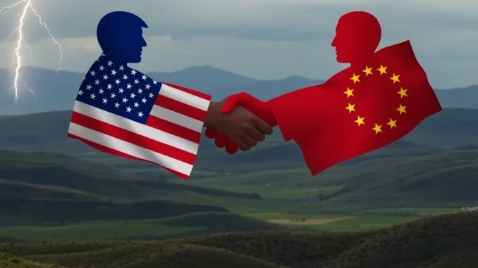 Depicts the crucial Trump EU trade agreement, symbolizing how transatlantic trade tensions were successfully defused.