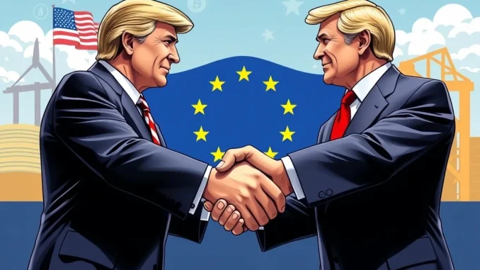 President Trump and EU President von der Leyen shaking hands, symbolizing the Trump EU Trade Deal and its positive market impact, including a Bitcoin price surge.