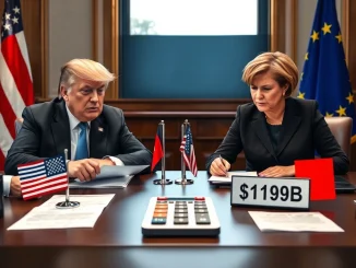 Donald Trump and EU leaders at a tense trade negotiation table, symbolizing the ongoing Trump EU trade tariff dispute.