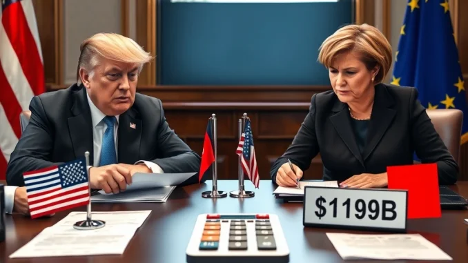 Donald Trump and EU leaders at a tense trade negotiation table, symbolizing the ongoing Trump EU trade tariff dispute.