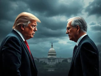 Donald Trump considering firing Jerome Powell, symbolizing the ongoing tension over US interest rate policy and central bank independence.