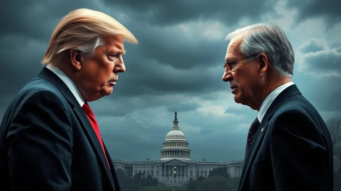 Donald Trump considering firing Jerome Powell, symbolizing the ongoing tension over US interest rate policy and central bank independence.