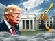 An illustration showing Donald Trump, Federal Reserve building, and a volatile crypto market chart, representing the Trump Fed pressure on interest rates and its impact on Bitcoin volatility.