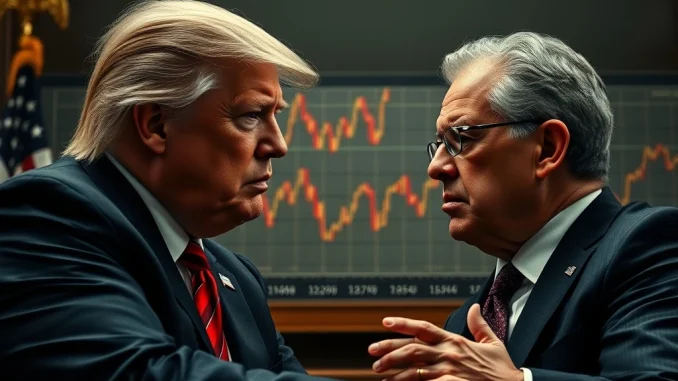 Donald Trump and Jerome Powell in a tense discussion about interest rate cuts, highlighting the Trump Fed pressure on monetary policy.