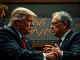 Donald Trump and Jerome Powell in a tense discussion about interest rate cuts, highlighting the Trump Fed pressure on monetary policy.