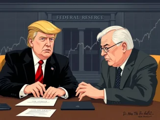 Illustrating the intense political pressure on the Federal Reserve during a pivotal Trump Fed Visit, with a backdrop of rising Treasury yields.