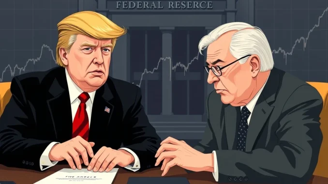 Illustrating the intense political pressure on the Federal Reserve during a pivotal Trump Fed Visit, with a backdrop of rising Treasury yields.