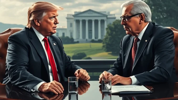 President Trump and Federal Reserve Chair Jerome Powell in a tense meeting, discussing crucial interest rates and the Fed's independence.