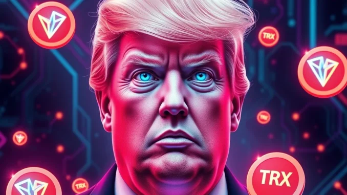 TRUMP meme coin launching on Tron network with futuristic blockchain visuals