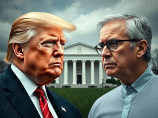 Donald Trump and Jerome Powell face off, symbolizing the future of Federal Reserve leadership and interest rates.
