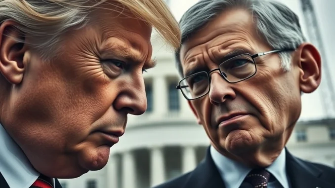 Donald Trump and Jerome Powell in a tense moment, symbolizing the looming Trump Fed lawsuit over alleged excessive Fed building costs.