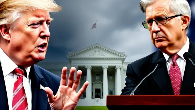 Donald Trump and Jerome Powell debating the timing of an Interest Rate Cut, reflecting on past Federal Reserve Policy decisions.