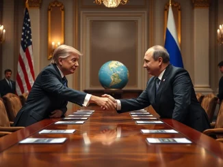 Leaders at a crucial Trump Putin meeting discussing geopolitical stability, impacting global markets and Bitcoin price reaction.