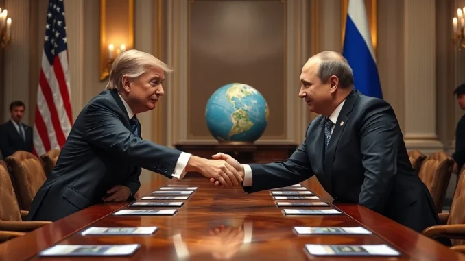 Leaders at a crucial Trump Putin meeting discussing geopolitical stability, impacting global markets and Bitcoin price reaction.