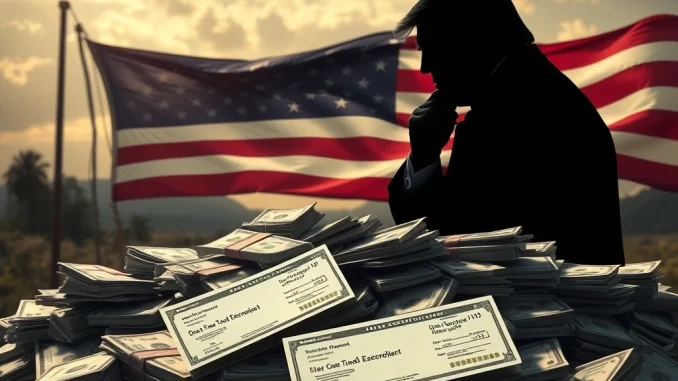 A visual representation of money flowing into the government treasury, with a focus on Trump tariff rebates and their potential impact on the US economy.