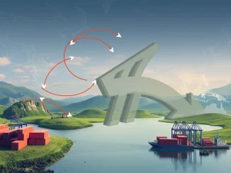 Illustration of Trump's tariffs causing disruption to Southeast Asia exports and global supply chains, represented by tangled shipping routes and uncertain trade symbols.