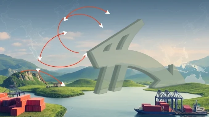 Illustration of Trump's tariffs causing disruption to Southeast Asia exports and global supply chains, represented by tangled shipping routes and uncertain trade symbols.