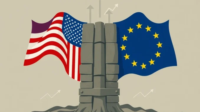 Illustration depicting the potential global economic impact of Trump tariffs on EU trade, showing a barrier between the US and EU flags.