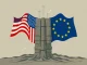 Illustration depicting the potential global economic impact of Trump tariffs on EU trade, showing a barrier between the US and EU flags.
