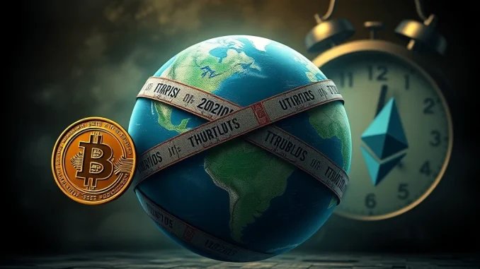 A visual representation of global trade tensions and market volatility, highlighting the potential impact of Trump tariffs on cryptocurrency markets by August 2025.