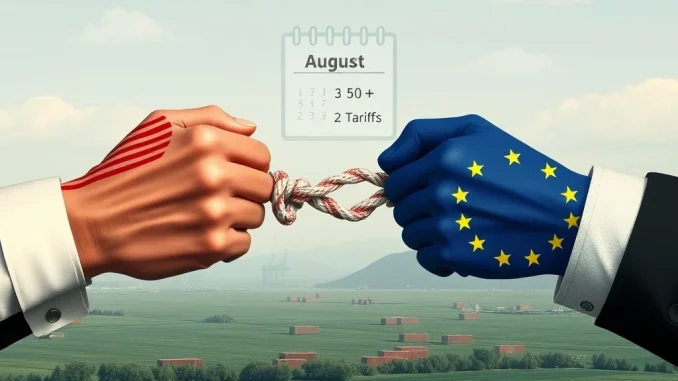 Depiction of US-EU trade negotiations under pressure from Trump tariffs, symbolizing global economic impact.