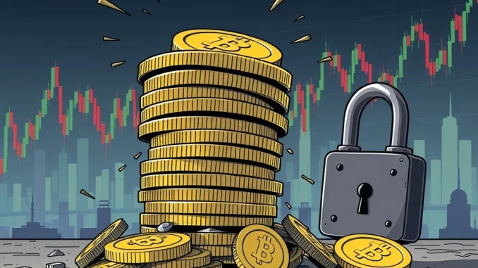 TRUMP token unlock event depicted with a large volume of digital currency flowing, symbolizing market impact and supply changes.