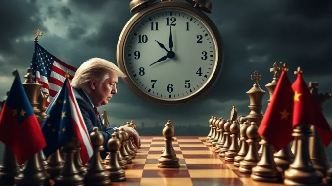 Illustrates the crucial uncertainty surrounding Trump's EU trade deal negotiations, depicting a standoff over tariffs and global trade implications.