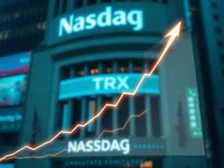 A digital chart showing TRX price growth with the Nasdaq building in the background, symbolizing its recent Nasdaq listing and impressive market cap surge.