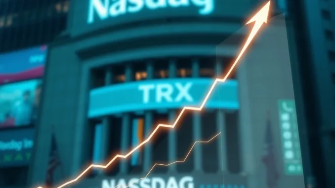 A digital chart showing TRX price growth with the Nasdaq building in the background, symbolizing its recent Nasdaq listing and impressive market cap surge.