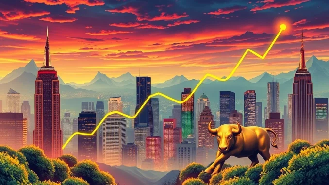 Visualizing the robust U.S. stock market, with major indexes like the S&P 500, Nasdaq, and Dow Jones closing higher, signaling economic strength.