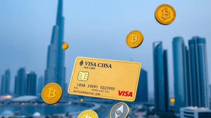 UAE golden visa and cryptocurrency symbols in Dubai cityscape