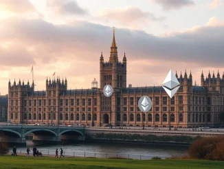 A representation of the UK Parliament intertwined with blockchain symbols, signifying the crucial push for UK crypto regulation.
