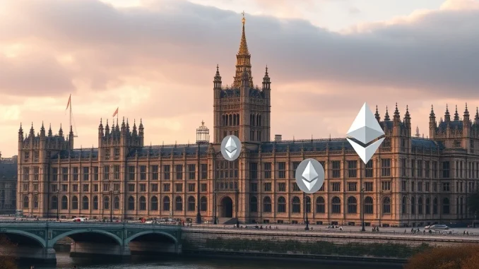 A representation of the UK Parliament intertwined with blockchain symbols, signifying the crucial push for UK crypto regulation.
