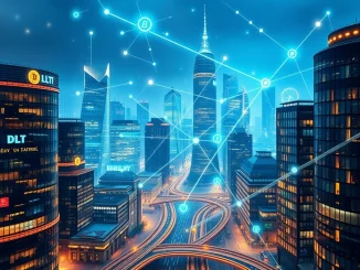 Visualizing the UK DLT initiative, showing digital financial networks and tokenization, signifying the future of wholesale markets.