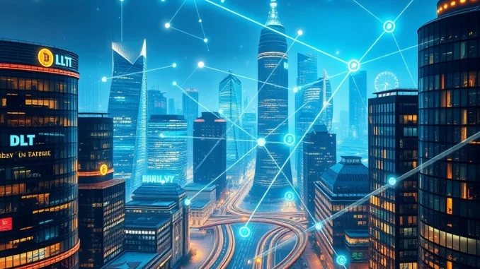 Visualizing the UK DLT initiative, showing digital financial networks and tokenization, signifying the future of wholesale markets.