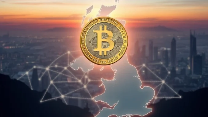 UK stablecoin strategy: A digital representation of the British pound coin overlaying a map of the UK, symbolizing the push for a national digital asset policy by crypto firms.