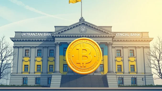 Ukrainian central bank building with digital currency elements, illustrating Ukraine's crypto legalization efforts and CBDC development.