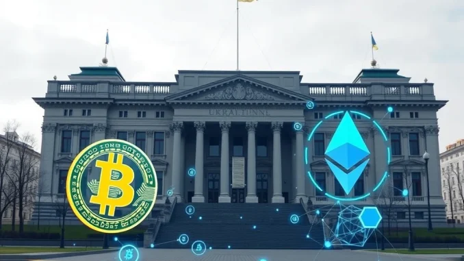 Ukrainian parliament building with digital crypto symbols, symbolizing the upcoming Ukraine crypto regulation bill review.
