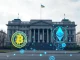 Ukrainian parliament building with digital crypto symbols, symbolizing the upcoming Ukraine crypto regulation bill review.