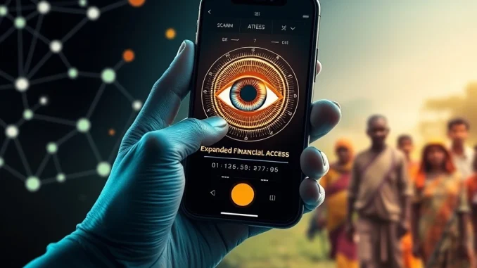 An iris scan device facilitating uncollateralized crypto loans, symbolizing expanded financial access globally.