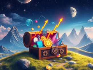 A visual representation of an undervalued crypto portfolio with significant growth potential, showing a digital treasure chest overflowing with coins and charts ascending rapidly, symbolizing future crypto gains.