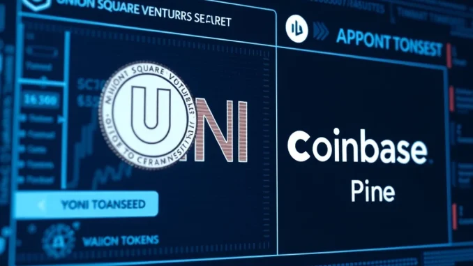 Visualizing a secure digital transfer of UNI tokens from Union Square Ventures to Coinbase Prime, representing significant institutional crypto activity.