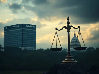 A symbolic depiction of UnitedHealth's legal challenges, illustrating the impact of healthcare governance risks on its stock valuation.