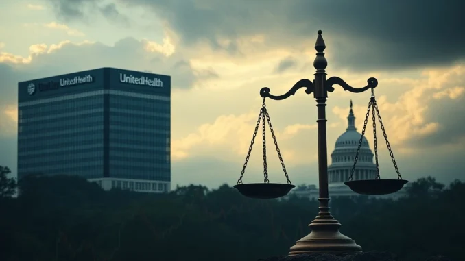 A symbolic depiction of UnitedHealth's legal challenges, illustrating the impact of healthcare governance risks on its stock valuation.