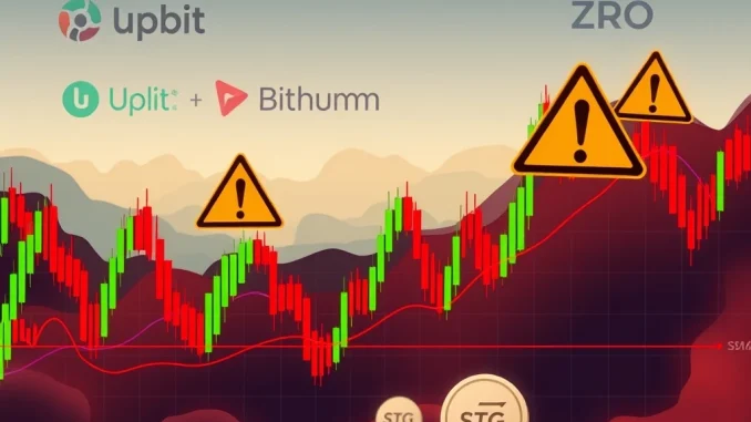 A visual warning of STG ZRO volatility on crypto exchanges, featuring a red chart arrow pointing down amidst market uncertainty.