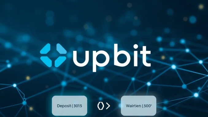 Upbit Story IP suspension for network upgrade, showing digital tokens paused for deposits and withdrawals.